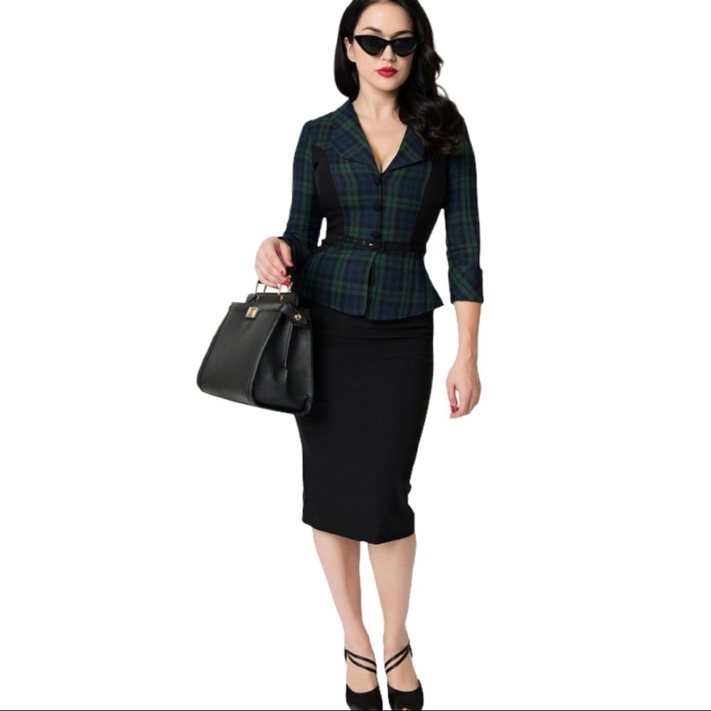 stop staring! 1940s Navy & emerald Plaid Sleeved Suit Wiggle Dress​